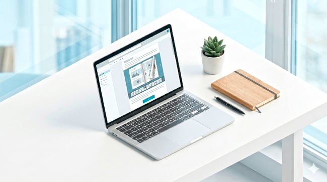 Laptop on a bright desk showing a minimal email with an embedded flipbook preview and CTA button, plus notebook, pen, and small plant.