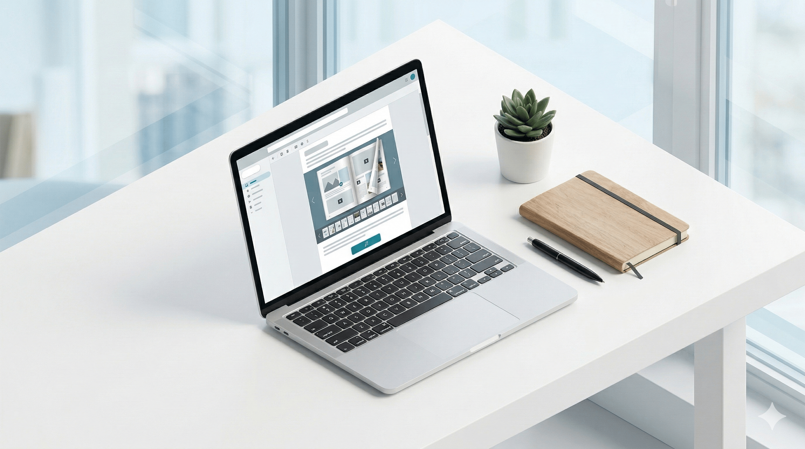 Laptop on a bright desk showing a minimal email with an embedded flipbook preview and CTA button, plus notebook, pen, and small plant.