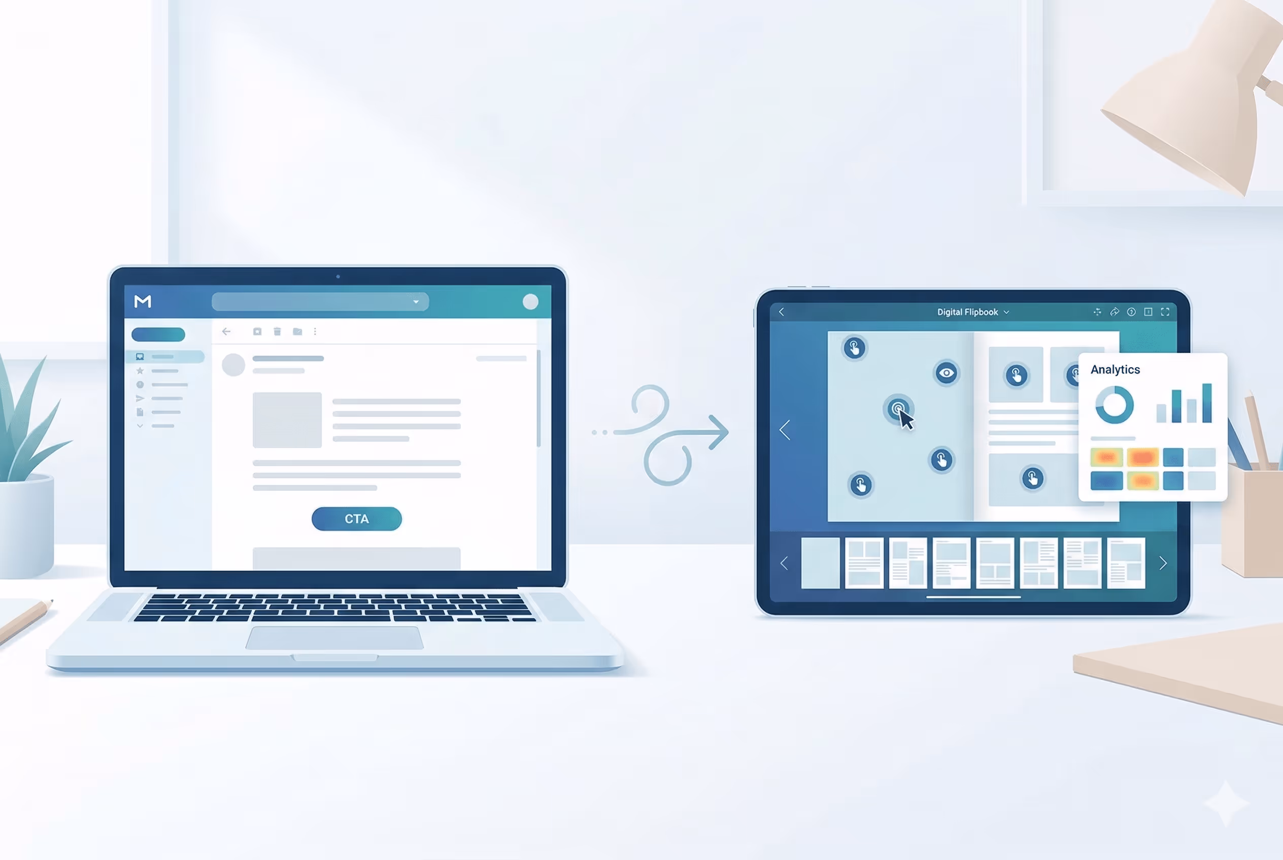 Laptop email mockup flows via arrow into a tablet flipbook interface with hotspots, thumbnails, and analytics overlay. Laptop email mockup flows via arrow into a tablet flipbook interface with hotspots, thumbnails, and analytics overlay.