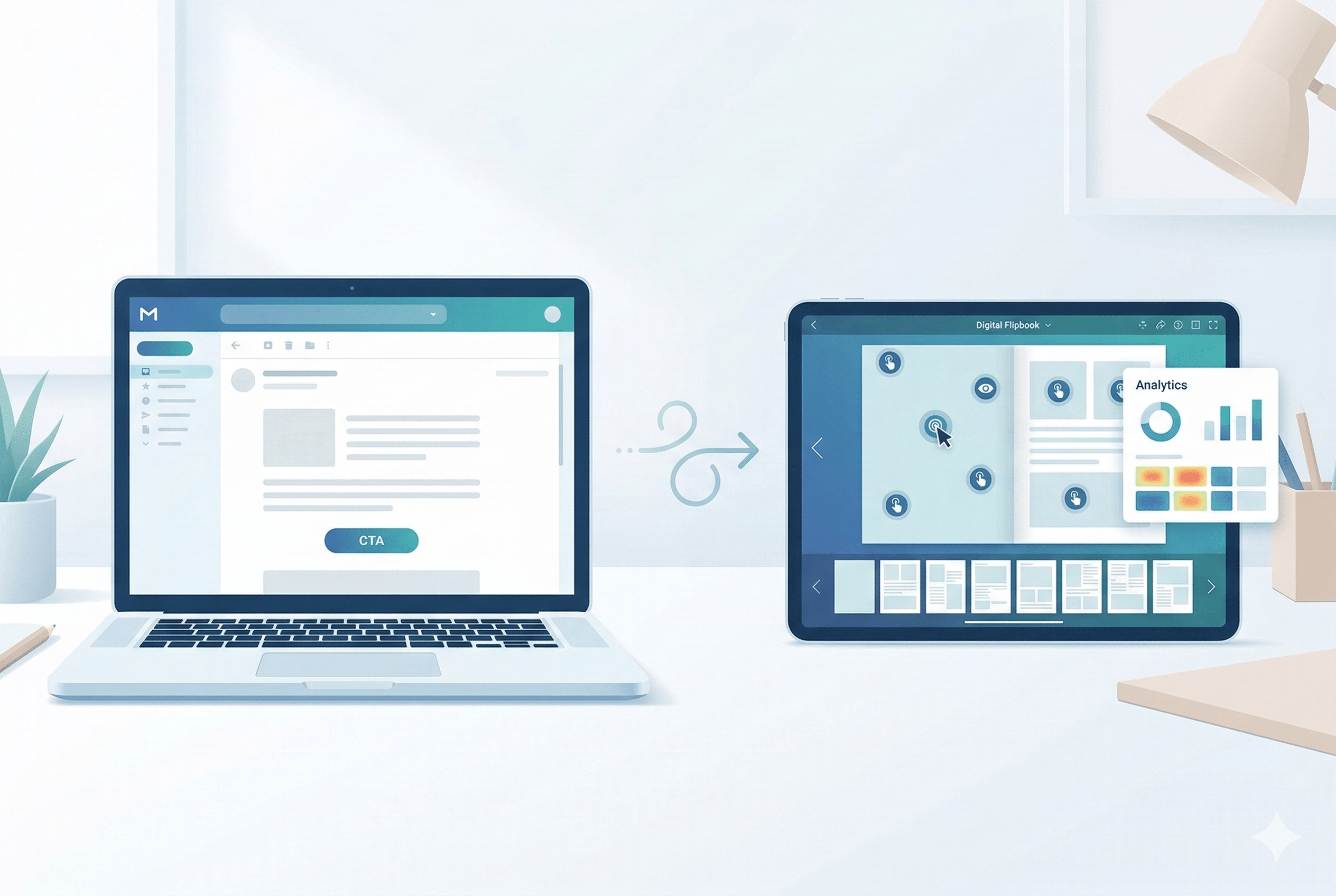 Laptop email mockup flows via arrow into a tablet flipbook interface with hotspots, thumbnails, and analytics overlay.