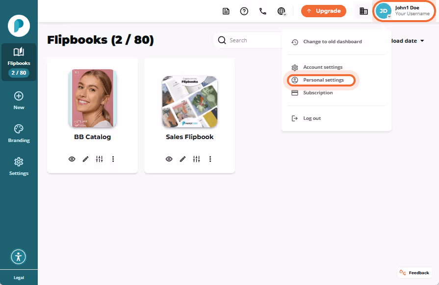Dropdown with Personal settings option highlighted under user profile menu