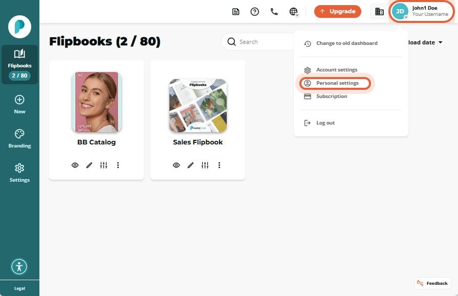 Dropdown with Personal settings option highlighted under user profile menu