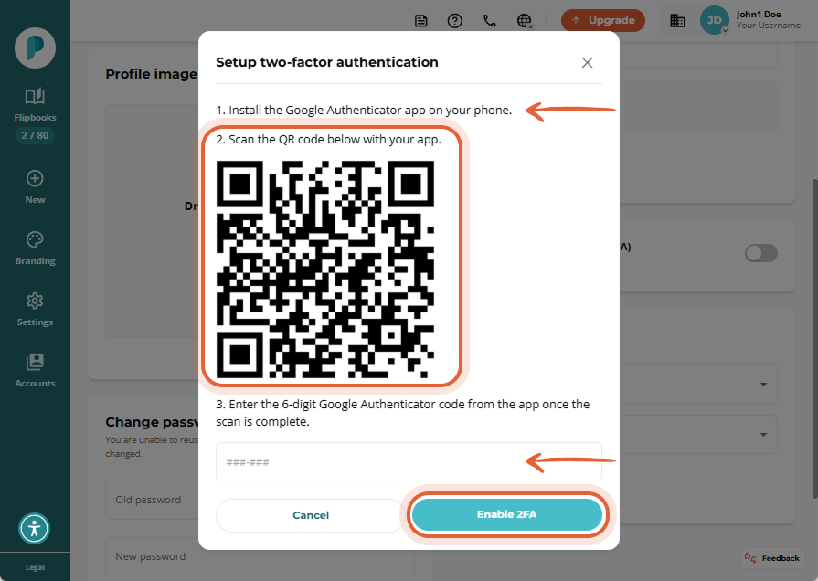 Popup window with QR code and instructions to set up two-factor authentication