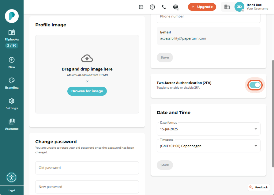 2FA toggle switched to on in Personal settings panel