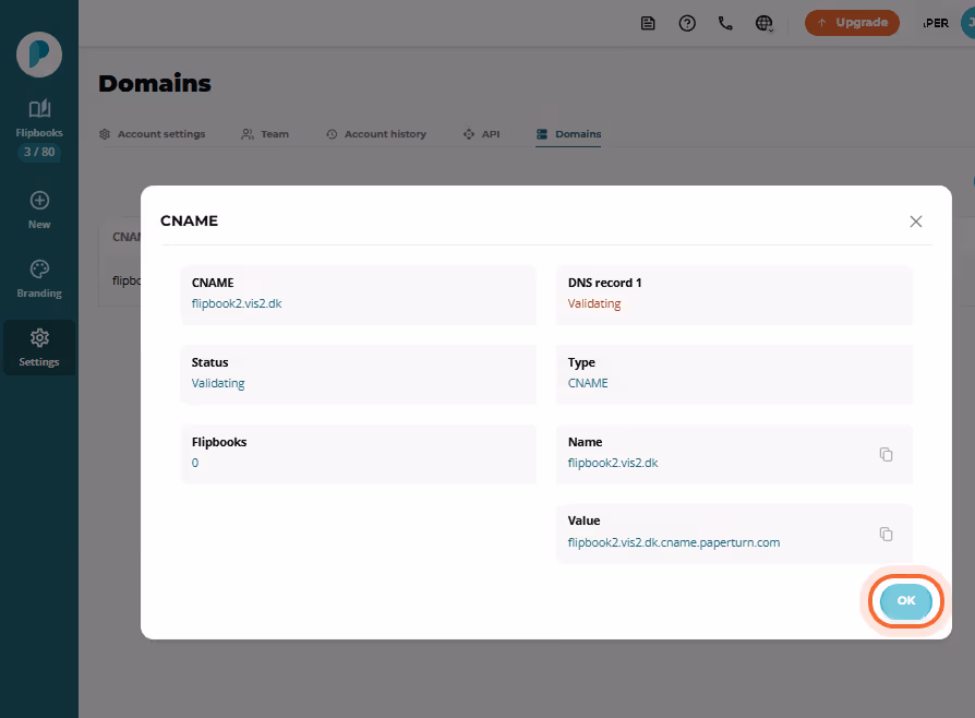 CNAME details modal displaying DNS records and the “OK” button highlighted.