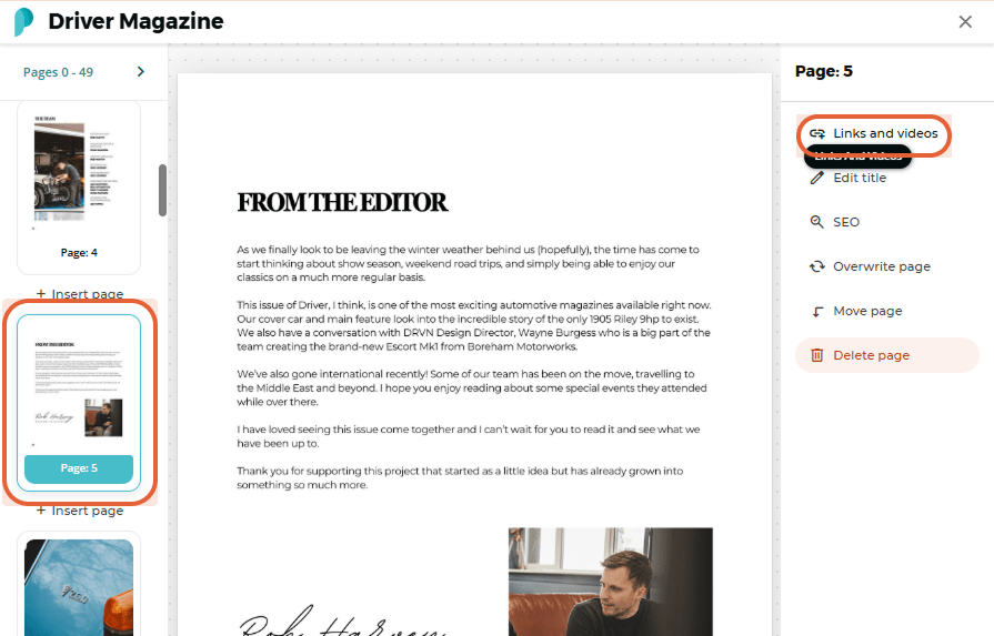 Editor with highlighted page and Links and videos button Editor with highlighted page and Links and videos button