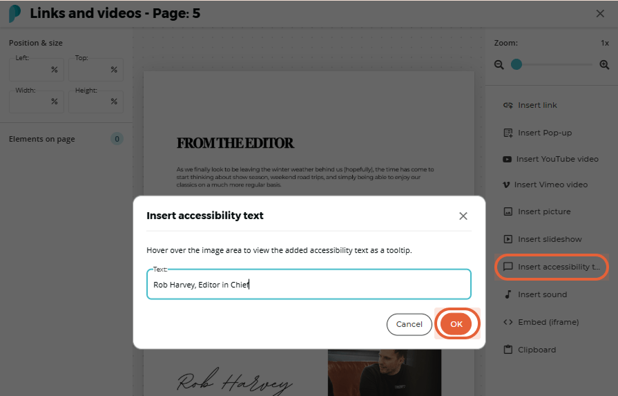 Highlighted Insert accessibility text button with an example of the pop up and the highlighted OK button Highlighted Insert accessibility text button with an example of the pop up and the highlighted OK button