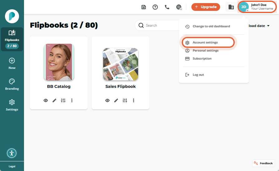 Flipbooks dashboard with the user-avatar dropdown open and the “Account settings” option highlighted
