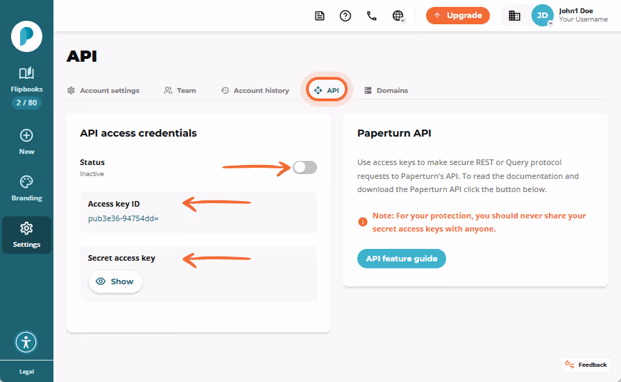 API settings page showing an inactive status toggle plus “Access key ID” and hidden “Secret access k