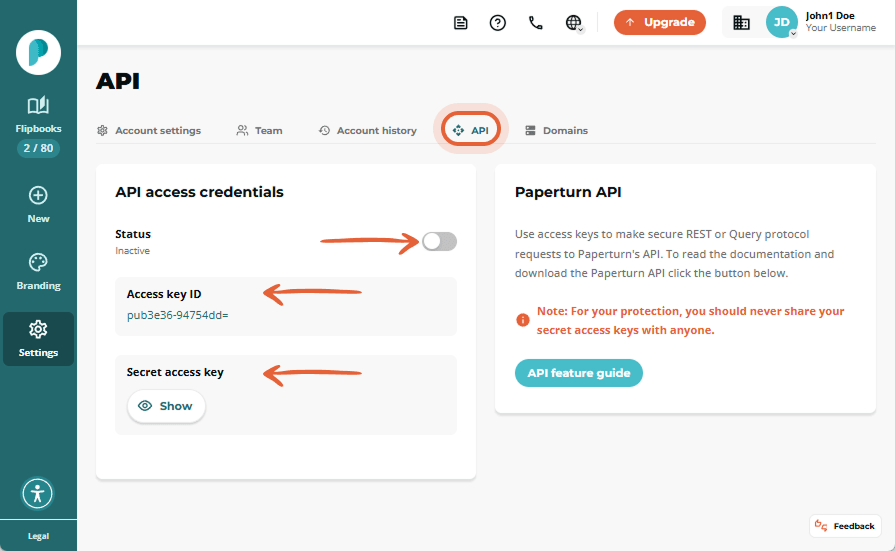 API settings page showing an inactive status toggle plus “Access key ID” and hidden “Secret access k