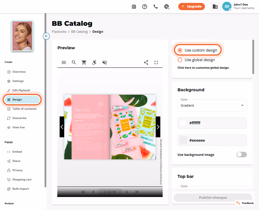 Design view of “BB Catalog” with the left-hand Design tab active and the “Use custom design” radio b