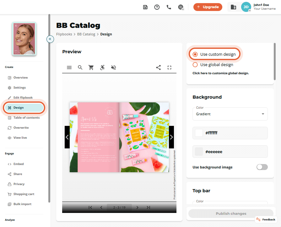 Design view of “BB Catalog” with the left-hand Design tab active and the “Use custom design” radio b