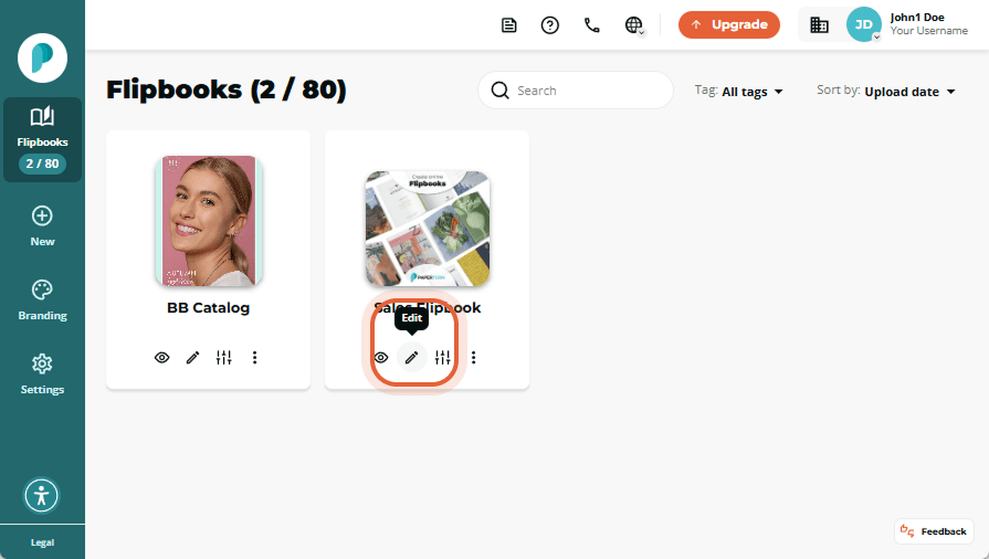 Flipbooks dashboard with the pencil-shaped Edit icon highlighted under the “Sales Flipbook” thumbnai