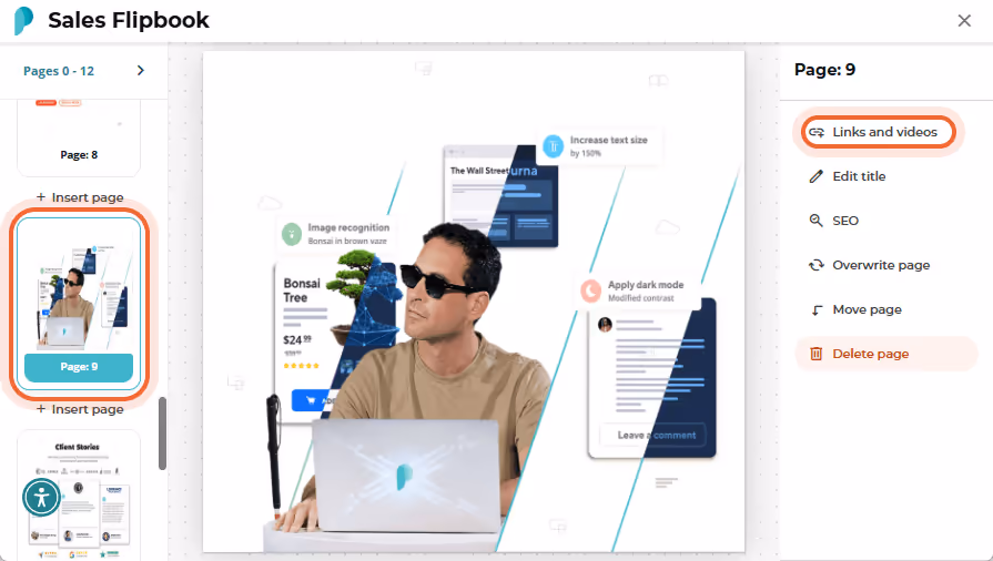Page editor for “Sales Flipbook” page 9 with the sidebar option “Links and videos” selected.