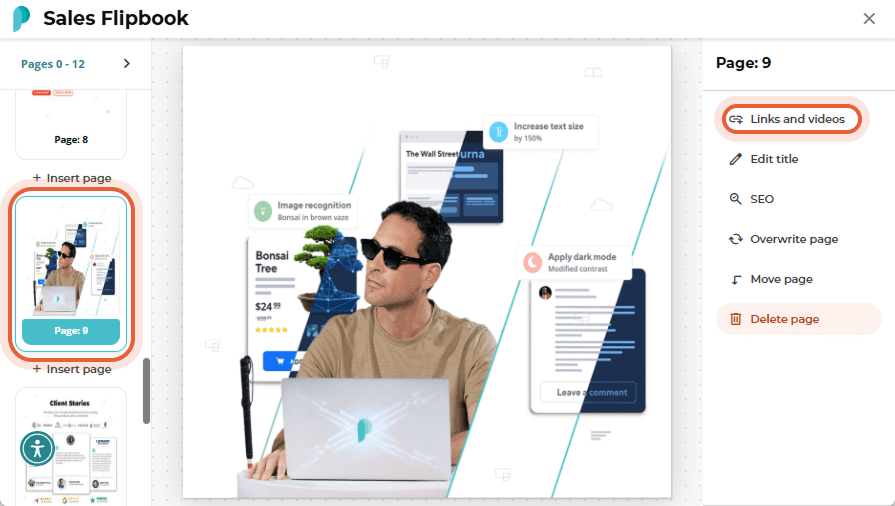 Page editor for “Sales Flipbook” page 9 with the sidebar option “Links and videos” selected.