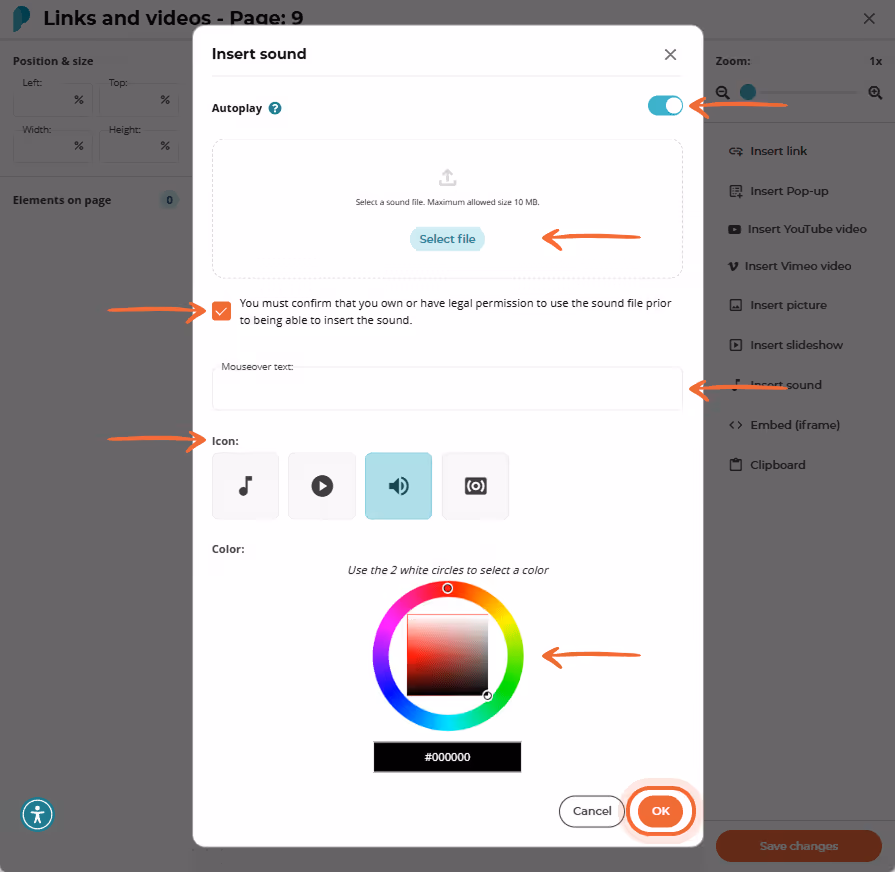 “Insert sound” dialog featuring a file-upload area, autoplay toggle, permission checkbox, icon choic