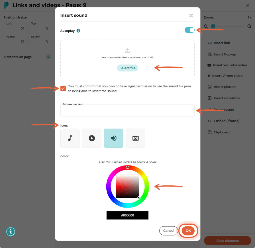 “Insert sound” dialog featuring a file-upload area, autoplay toggle, permission checkbox, icon choic