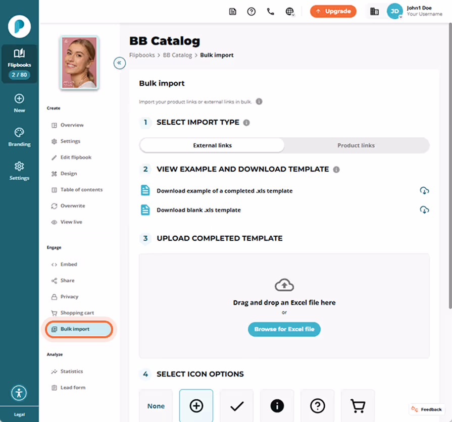BB Catalog’s Bulk import panel open; “Bulk import” menu item in left sidebar is highlighted.