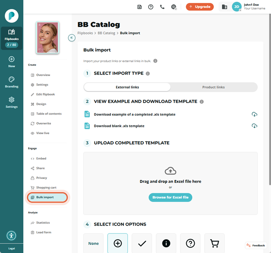 BB Catalog’s Bulk import panel open; “Bulk import” menu item in left sidebar is highlighted.