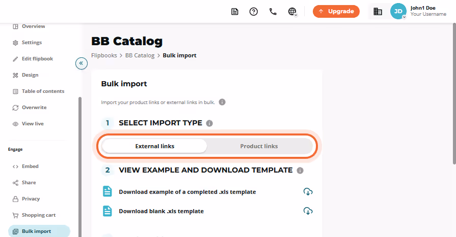 Bulk import step 1 showing the “External links” vs “Product links” toggle bar highlighted.