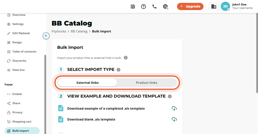 Bulk import step 1 showing the “External links” vs “Product links” toggle bar highlighted.