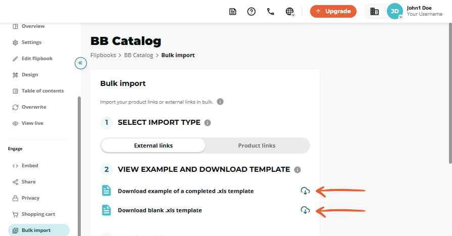 Bulk import step 2 highlighting icons to download example and blank .xls templates.