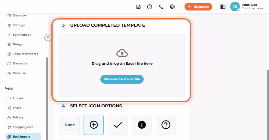 Bulk import step 3 with the large drag-and-drop upload box for the completed Excel file highlighted.