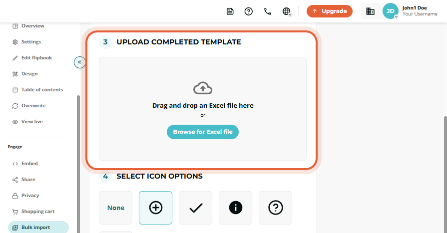Bulk import step 3 with the large drag-and-drop upload box for the completed Excel file highlighted.