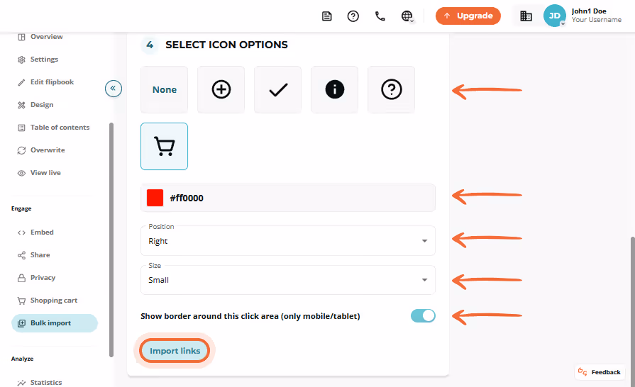 Bulk import step 4 showing icon options, cart icon selected, and the “Import links” button highlight