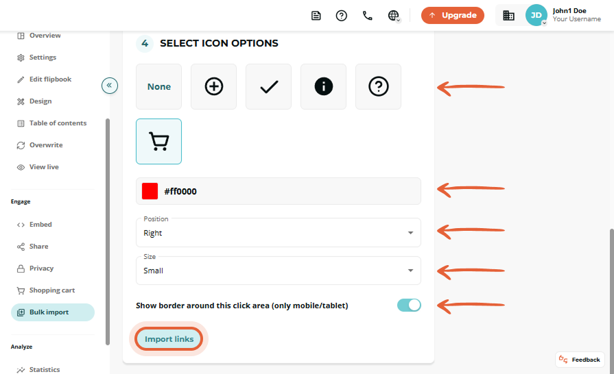 Bulk import step 4 showing icon options, cart icon selected, and the “Import links” button highlight