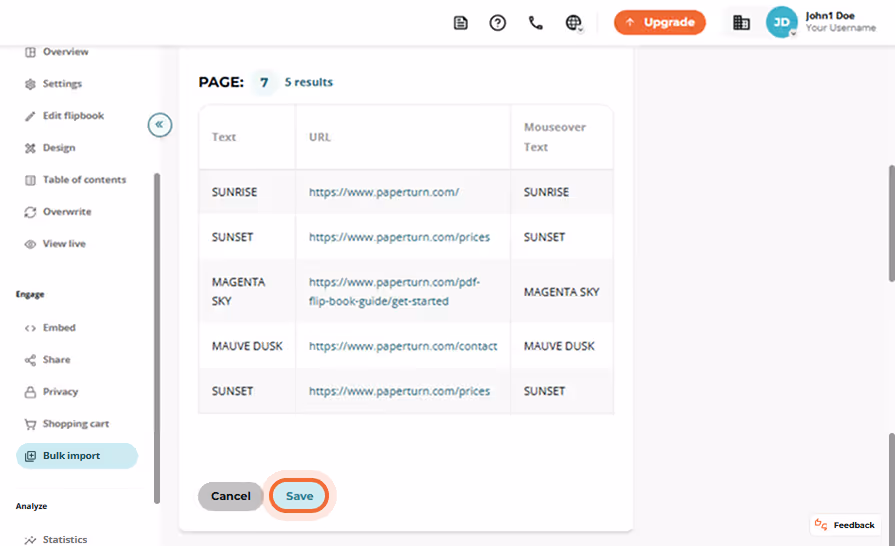 Import results table listing five links for page 7; the “Save” button is highlighted.