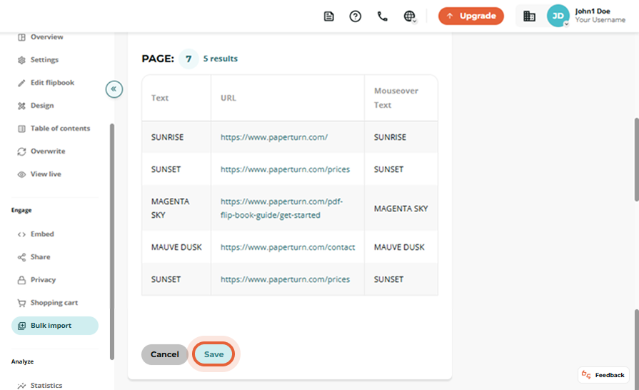 Import results table listing five links for page 7; the “Save” button is highlighted.