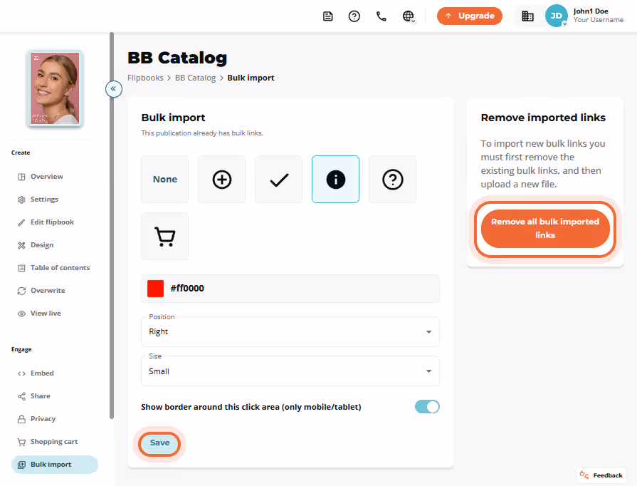 Bulk import panel with the red “Remove all bulk imported links” button highlighted.