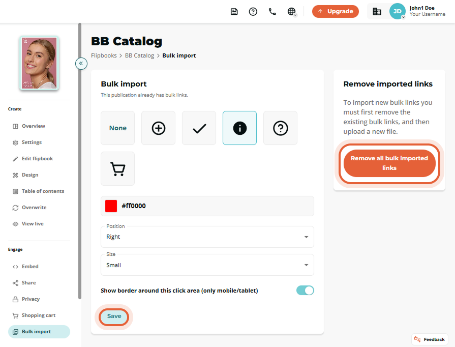 Bulk import panel with the red “Remove all bulk imported links” button highlighted.