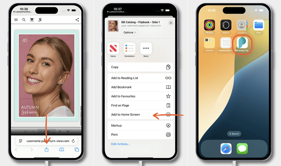 Three iPhone screens show how to add a flipbook to the home screen: opening the flipbook in Safari, 