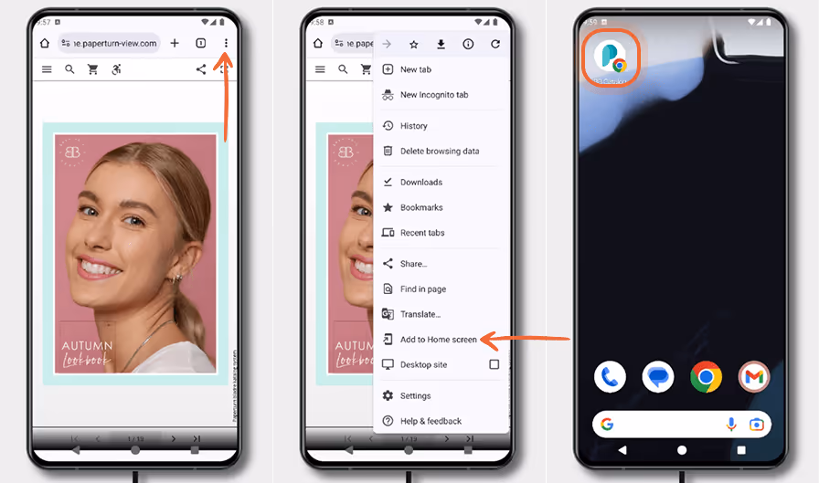 Three Android screens demonstrate adding a flipbook to the home screen via Chrome: opening the flipb
