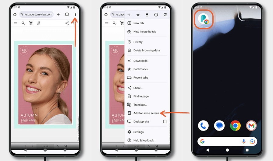 Three Android screens demonstrate adding a flipbook to the home screen via Chrome: opening the flipb