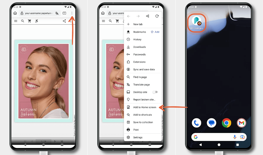 Three Android screens show an alternative Chrome layout for adding a flipbook to the home screen: ac