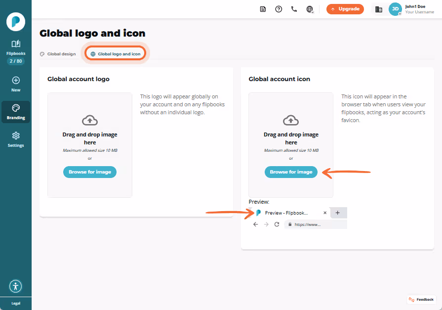 Screen showing Paperturn's dashboard in the Branding section. The 
