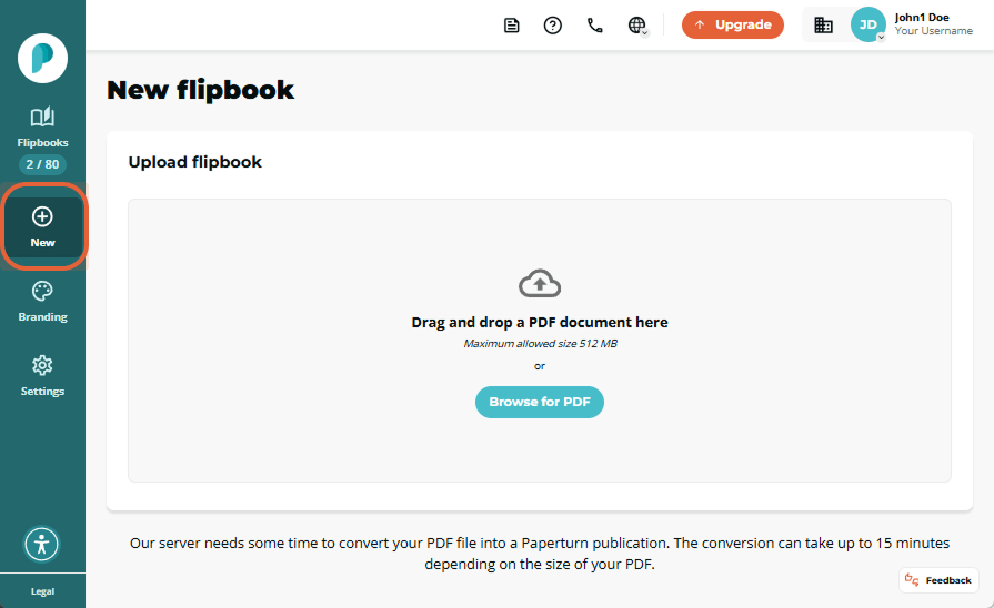 Papeturn dashboard opens on the New flipbook page. The left sidebar lists Flipbooks, New, Branding a