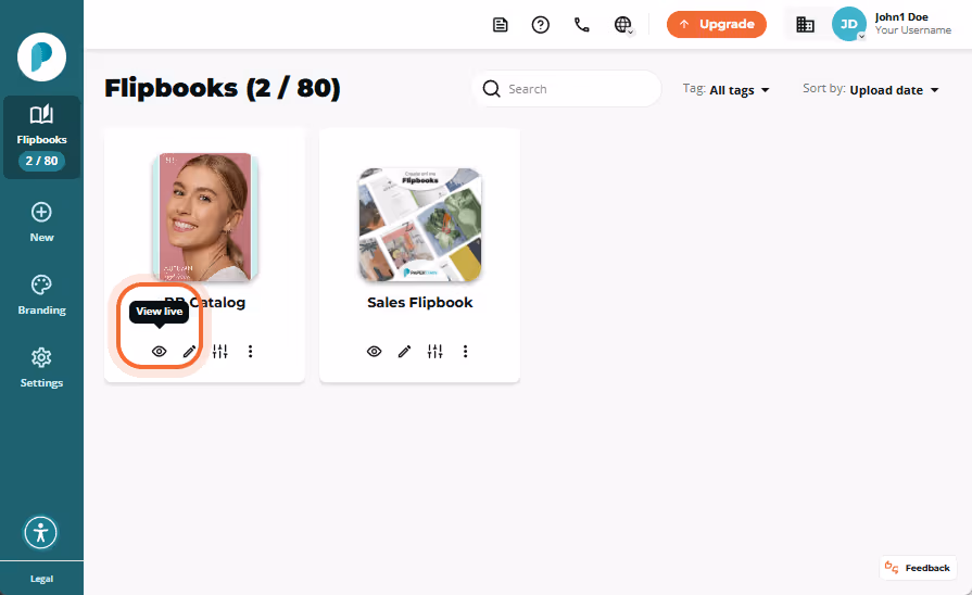 Flipbooks library displays two cards: one titled flipbook title and a second example flipbook. A too