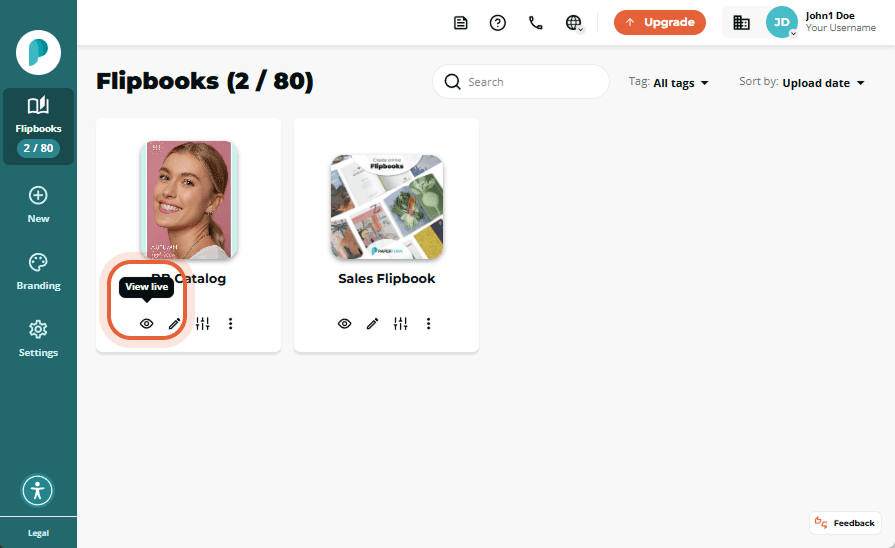 Flipbooks library displays two cards: one titled flipbook title and a second example flipbook. A too