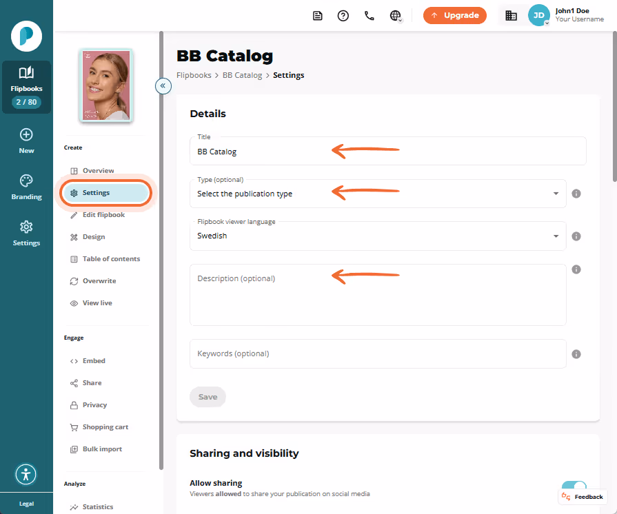 Flipbook Settings page showing the Details section. Editable fields for Title, Publication type, Vie