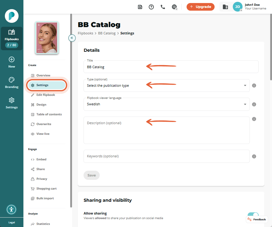 Flipbook Settings page showing the Details section. Editable fields for Title, Publication type, Vie