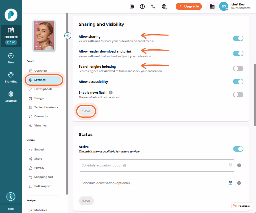 Sharing and visibility section in Settings. Toggles for Allow sharing and Allow reader download and 