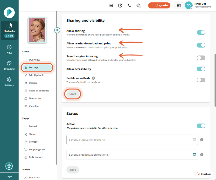 Sharing and visibility section in Settings. Toggles for Allow sharing and Allow reader download and 