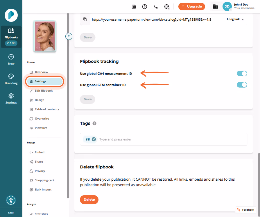 Flipbook tracking section with toggles for Use global GA4 measurement ID and Use global GTM containe