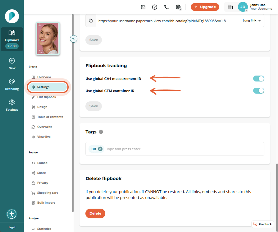 Flipbook tracking section with toggles for Use global GA4 measurement ID and Use global GTM containe