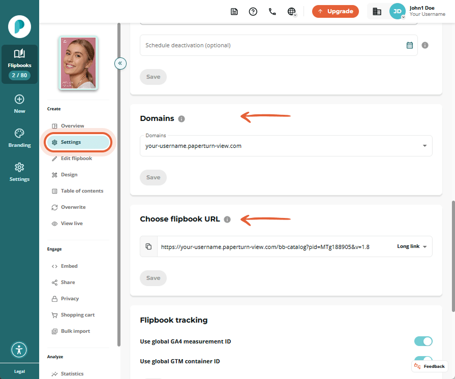 Settings page section for Domains and Choose flipbook URL. A dropdown shows the default Papeturn vie