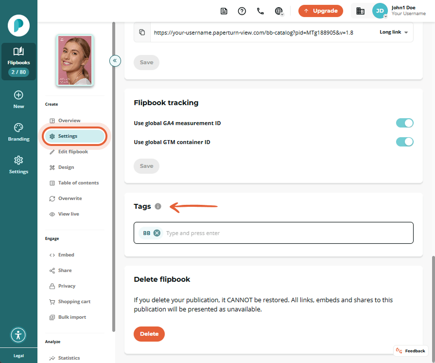 Tags section in Settings featuring an empty input box and a single existing tag BB. Beneath it is a 